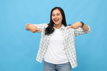 Joyful, enthusiastic, cheerful young asian woman, wearing casual clothes, pointing at herself with...