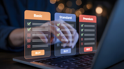 Choosing subscription plan with laptop showing Basic, Standard, Premium options