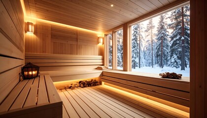 Cozy wooden sauna with winter forest view