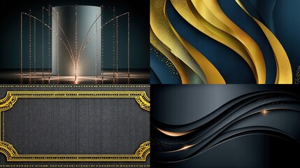 A collection of elegant, textured backgrounds one column with strings of lights, and three abstract designs with gold