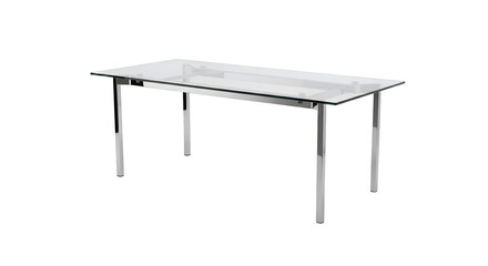 Glass Table Stands Elegantly with Chrome Legs on Transparent Background, Minimalist Design