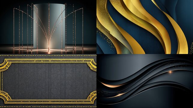 A collection of elegant, textured backgrounds one column with strings of lights, and three abstract designs with gold