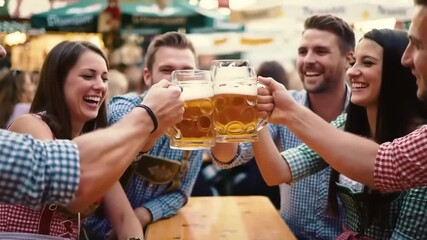 Group of friends laughing and toasting with beer mugs outdoors - Powered by Adobe