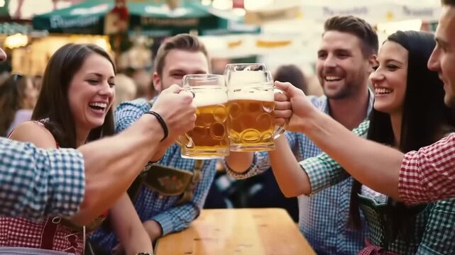 Group of friends laughing and toasting with beer mugs outdoors