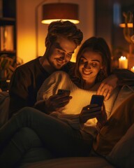 Cozy Night In: A Couple Relaxing on a Sofa Using Their Smartphones Under Warm Lighting