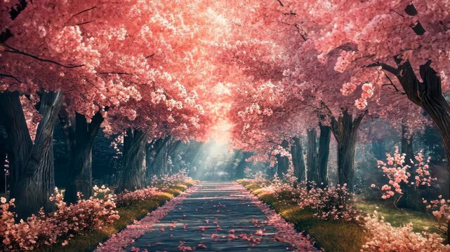 Serene pathway lined with cherry blossom trees, sunlight filtering through petals, tranquil ambiance