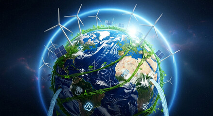Earth globe renewable energy wind turbines solar panels green energy sustainability future environment