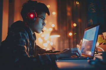 Young Gamer Immersed in Nighttime Gaming Session on Laptop
