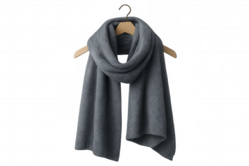 Soft gray winter scarf hanging on wooden hanger, featuring clean transparent background for design presentations