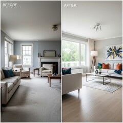 Living room renovation showcasing before and after transformation to a modern design