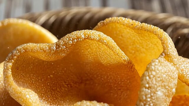 Delicious Golden Crispy Prawn Crackers Close-up Macro Shot