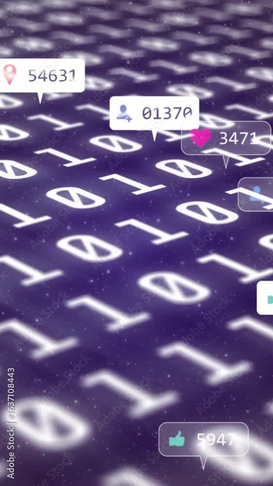 Poster animation of social media icons on banners over binary coding