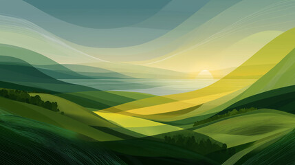 Obraz premium Scenic Overlook: An abstract landscape rendering waves of green, yellow, and blue, inspired by rolling hills and vast skies, creating a sense of depth and open space