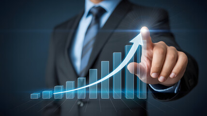 Businessman pointing to upward trend in financial growth chart illustration