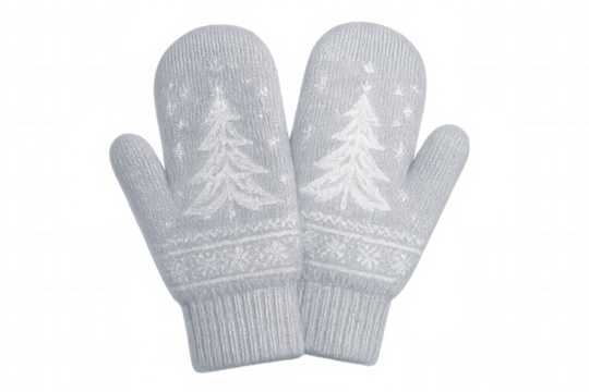 Soft grey winter mittens displaying white fir trees, snowflakes decorating warm hand protection against cold seasonal weather - Powered by Adobe