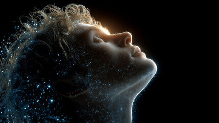 Ethereal Awakening: A woman's profile, captured in a moment of pure wonder, bathed in a celestial light, embodies the sublime human spirit. Glittering particles swirl around her.