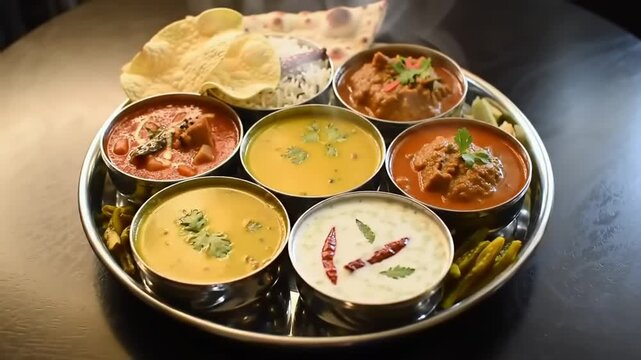 Indian Thali with various curries, rice, and papadums