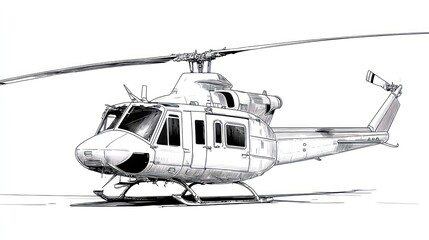 A detailed sketch of a helicopter on the ground, depicted in black and white line art