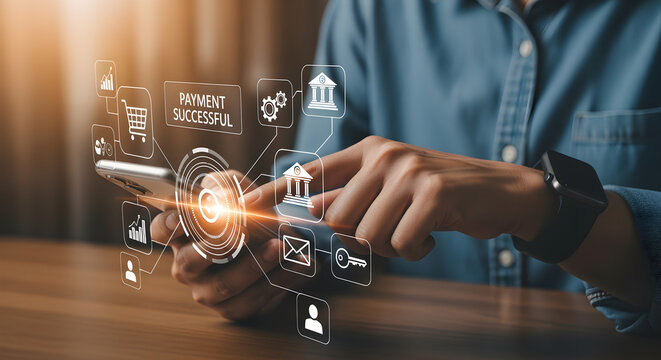 Person Using Mobile Phone with Digital Banking Icons on Wooden Desk with Blurred Background and Warm Lighting