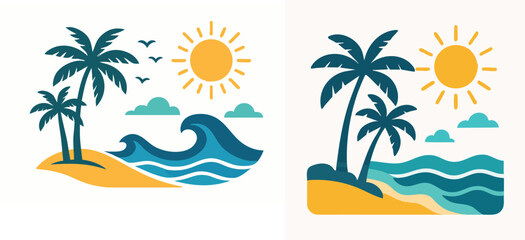 Obraz premium Two stylized illustrations of a tropical paradise with palm trees, a bright sun, and blue ocean waves.