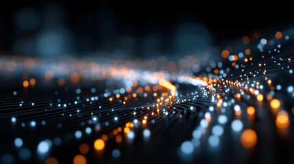 Illuminated data flow : An abstract, futuristic visualization of a data stream, a network of glowing lights. A modern representation of technology and connectivity.