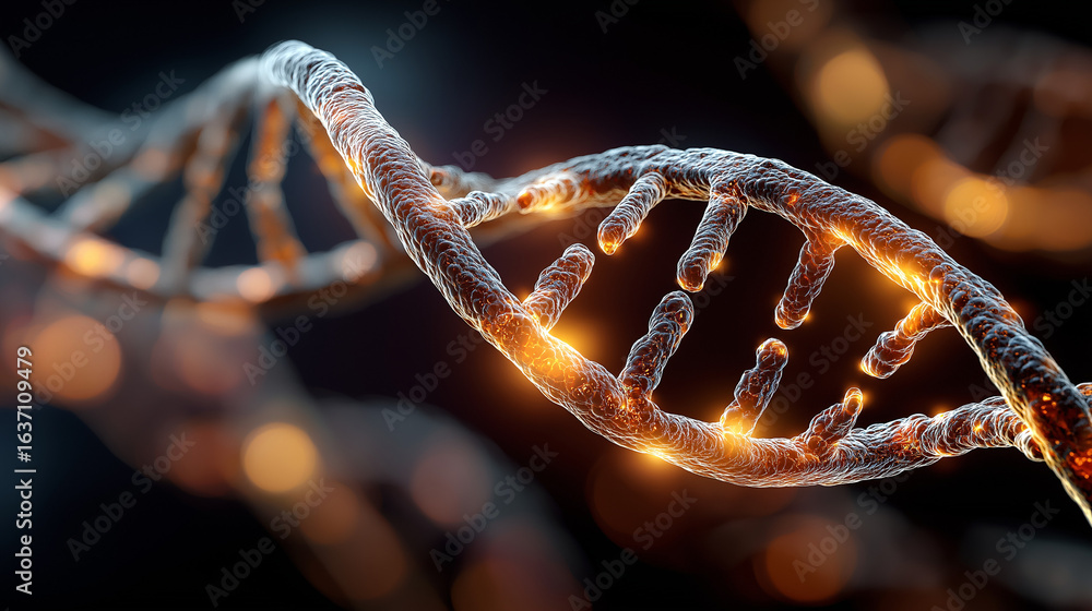 Poster dna strand with glowing strands: a visually captivating photorealistic depiction of a dna double hel