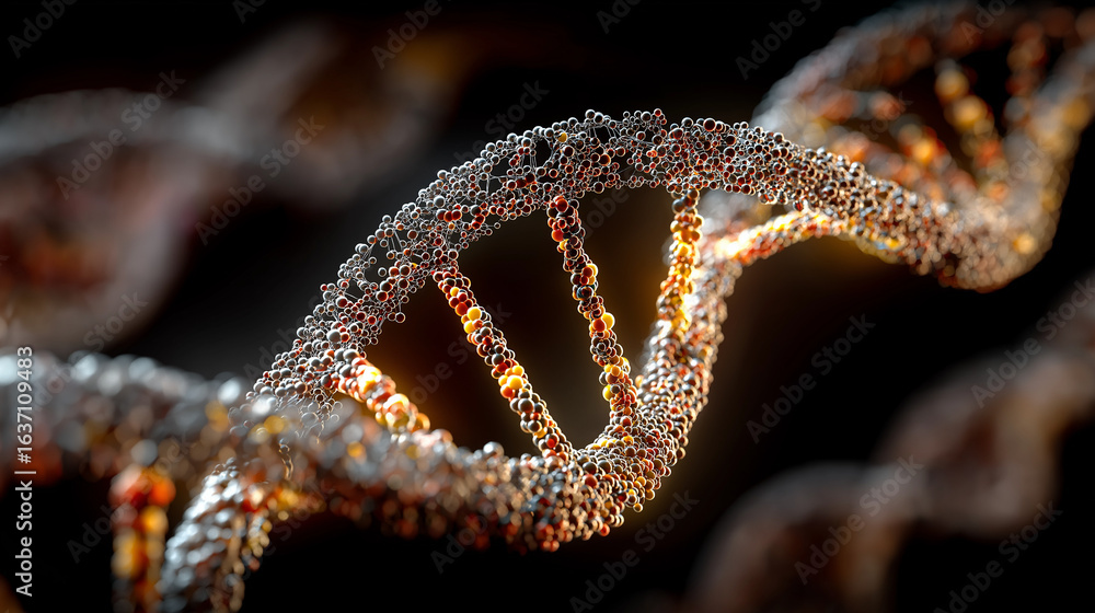 Poster dna helix: a close-up, artful depiction of a dna helix structure. showing the intricate and complex 