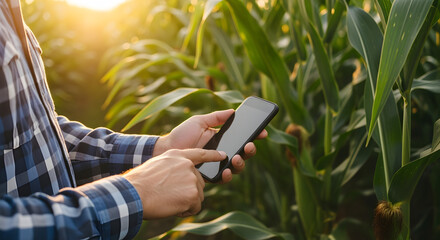 Person Using Smartphone in Lush Green Cornfield Wearing Blue Plaid Shirt on a Sunny Day