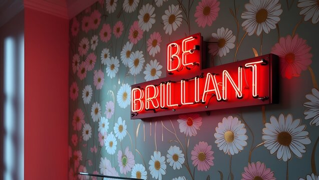 A vivid red neon sign, declaring 'BE BRILLIANT,' illuminates a charming floral wallpaper, symbolizing motivation, personal growth, and the concept of striving for excellence in an inspiring interior