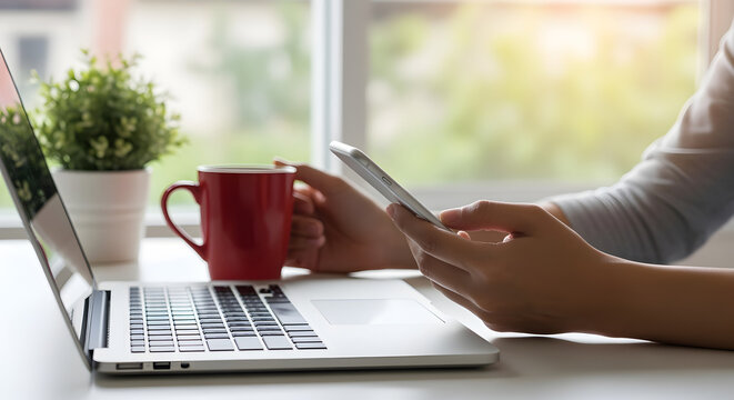 Person Using Smartphone Near Laptop with Red Mug in a Bright Indoor Setting with Green Plants and Blurred Window