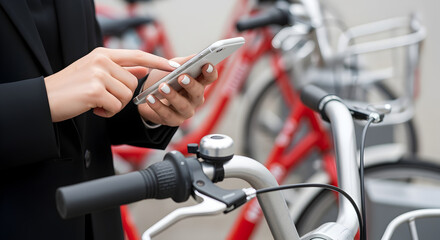 Person Using Smartphone Near Rental Red Bicycles in Urban Setting With Focus on Handlebars and Black Business Suit