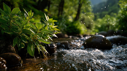 Serene Stream: A vibrant depiction of a flowing stream meandering through a verdant woodland environment, with glistening water droplets catching the light