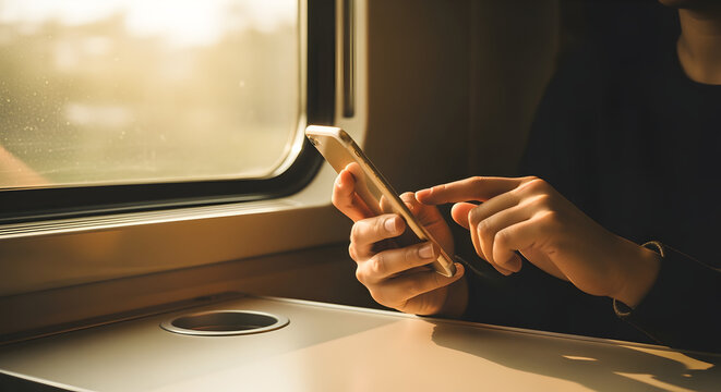 Person Using Smartphone on Train Bathed in Warm Sunlight During Journey Travel - Powered by Adobe