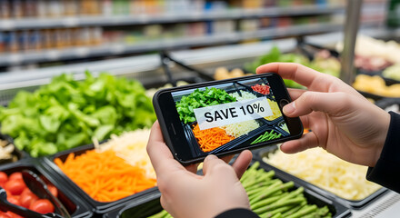 Person Using Smartphone to Get Discount in Supermarket Salad Bar with Colorful Fresh Vegetables and Modern Lighting for