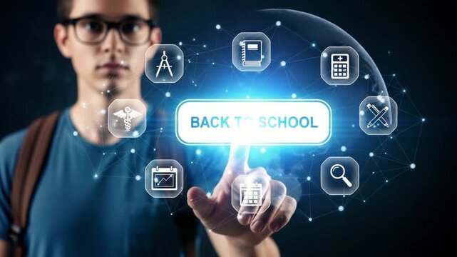 A student with glasses touching a back to school button surrounded by education related icons