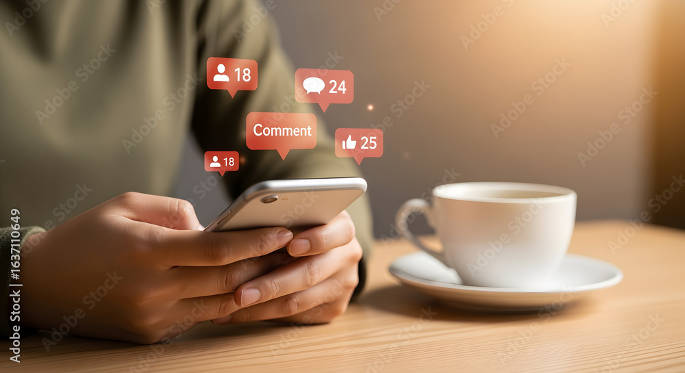 Poster person using smartphone with notifications displayed above in bright setting next to a white cup on 