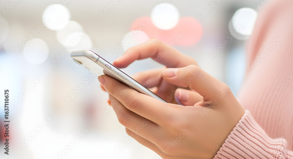 Aufkleber person using smartphone with pink sweater and bokeh background mobile technology and digital communi