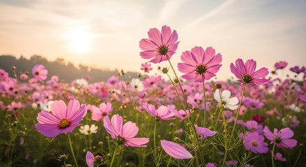 Pink cosmos flowers bloom in a field at sunrise