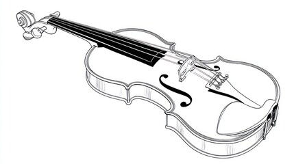 Obraz premium A black-and-white line art drawing of a violin on a white background, angled perspective