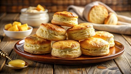 Soft, golden light falls on a plate of freshly baked, fluffy buttermilk biscuits, topped with a pat of creamy butter and a drizzle of warm honey , #food, #buttermilkbiscuit