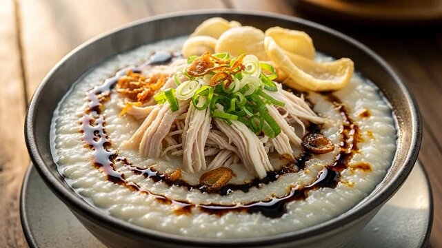 Delicious Indonesian Chicken Porridge (Bubur Ayam) with Shredded Chicken, Green Onions, and Crispy Crackers