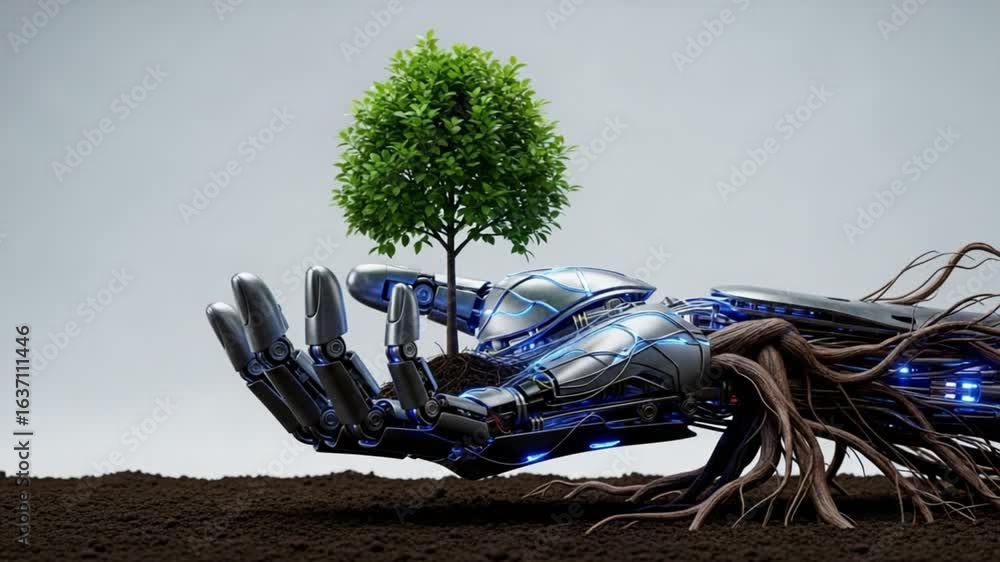 Poster Robotic hand holding a small tree with roots extending into the soil against a light background