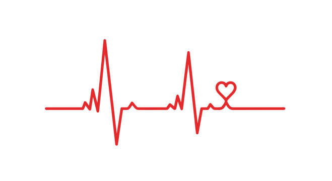 Red electrocardiogram line with a heart shape integrated at the end, against a white background, representing life and health.