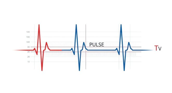 A medical illustration of an EKG waveform showing a heartbeat with red and blue pulse lines. - Powered by Adobe
