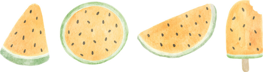 watercolor yellow watermelon set summer fruit illustration