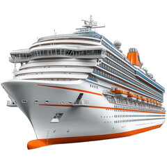 Majestic white cruise ship with orange accents and lifeboats isolated on transparent background