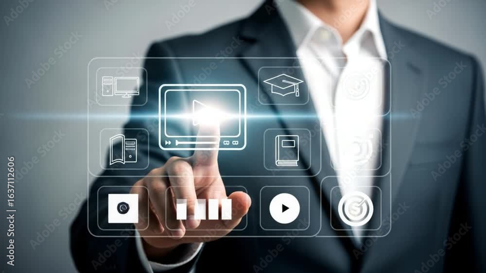 Poster a man in a suit touching a virtual screen with icons of a computer book graduation cap and video pla
