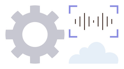 Gear representing automation, sound waves for voice recognition, cloud for cloud computing. Ideal for technology, innovation, automation, AI, cloud services, digital transformation voice interface