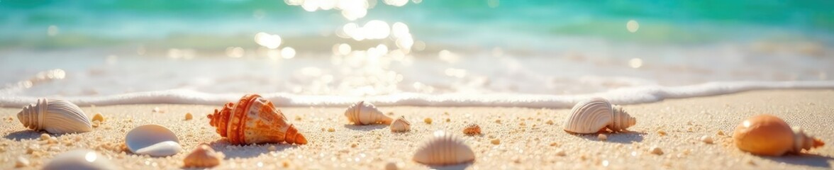 Obraz premium Seashells scattered across a sun-drenched beach, gentle waves lapping the shore, a tranquil scene of coastal serenity Perfect for travel, vacation, or summer themes , vacation, background