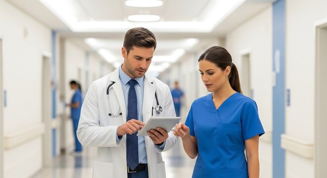 Doctor and nurse reviewing a tablet while walking down a hospital hallway. Others are blurred in the background, suggesting a busy medical environment.